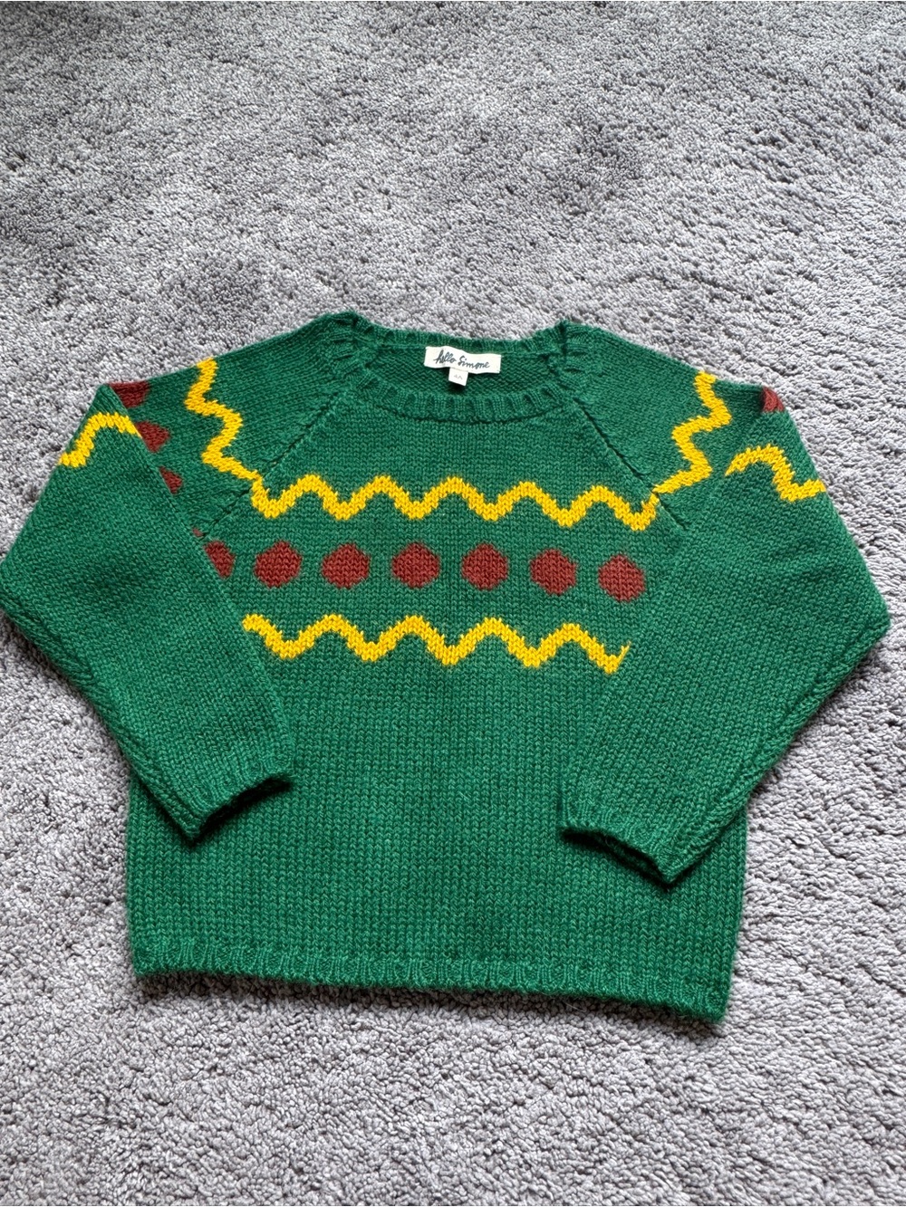 NWOT Hello Simone Green Knit Sweater with Yellow Zigzag and Red Dot Detail